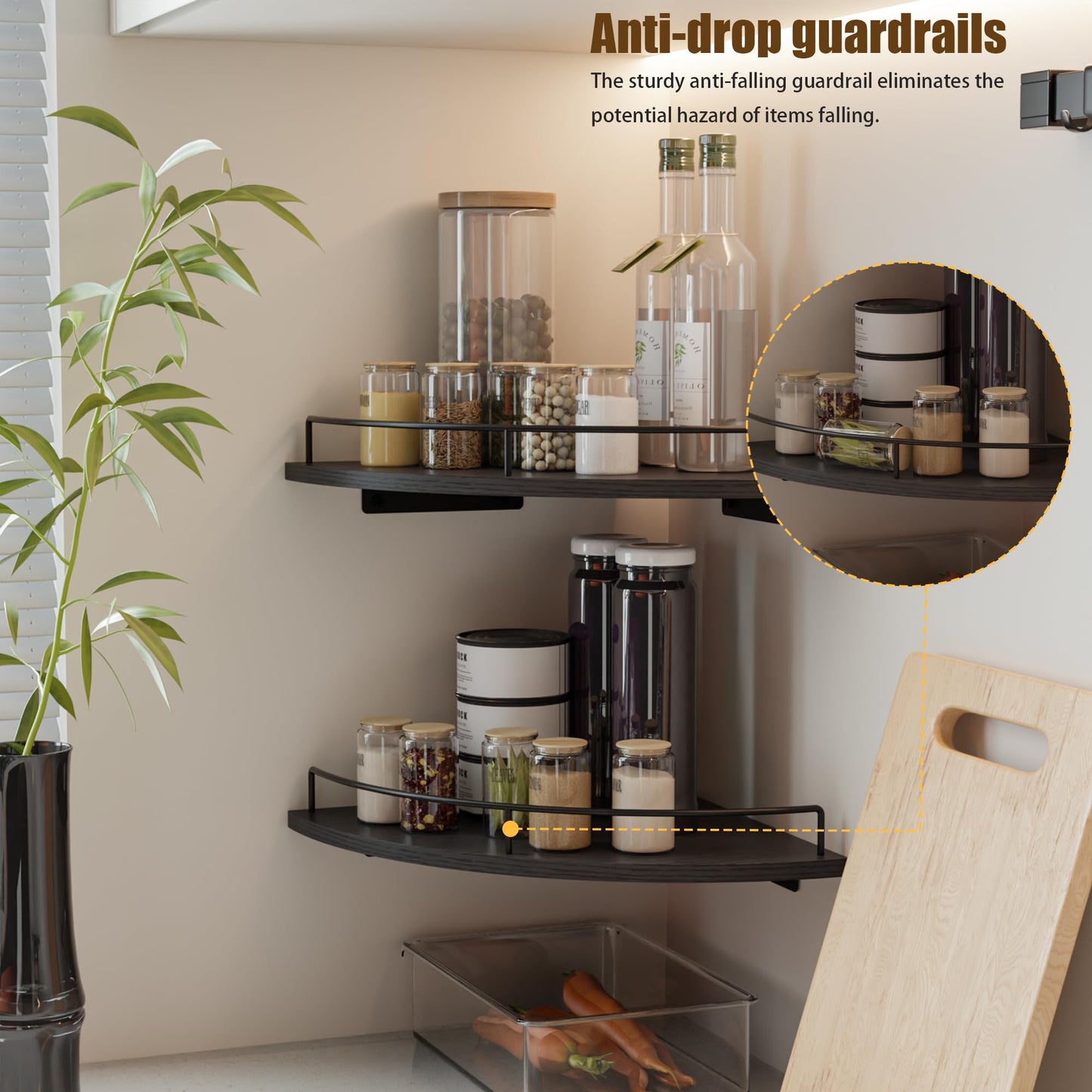 FNBAR Corner Floating Shelves, Rustic Brown Wood, Set of 2, Wall Mount Storage with Guardrail for Bathroom Kitchen Living Room (Black)