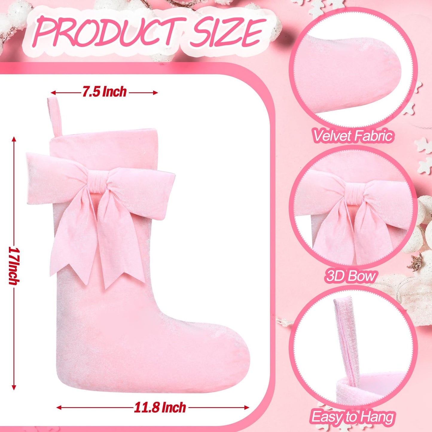 JellyArch 4 Pack 18 Inch Pink Velvet Christmas Stockings Large Coquette Bow Faux Fur Stockings Christmas Hanging Decoration Candy Gift Bags for Xmas Tree Fireplace Holiday Party Decor(Cute Style)