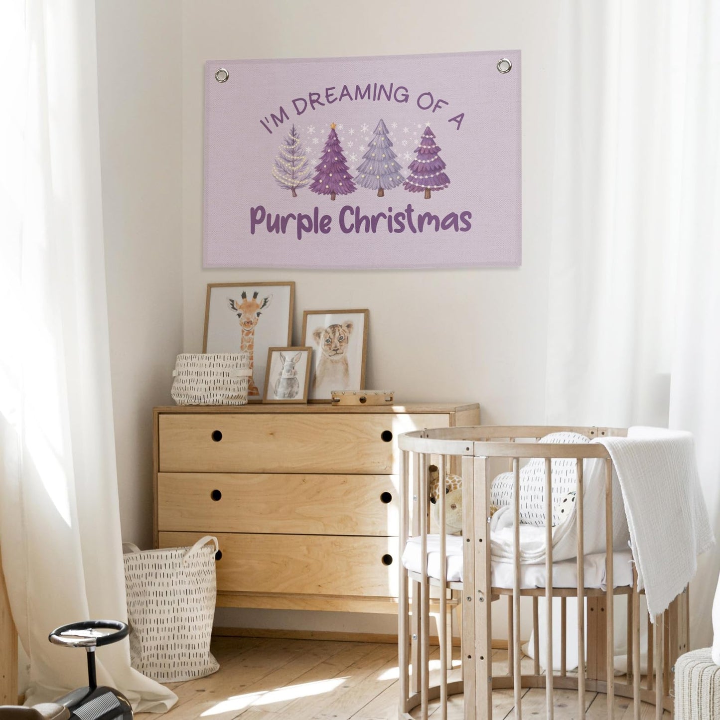MNASAIOO Purple Christmas Tree Kids Banner, Preppy Trendy Girls Girly Room Decor, Winter Nursery Canvas Flag Wall Hanging Decor Art for Holiday Classroom Playroom Toddler Room Bedroom Dorm 20x30in