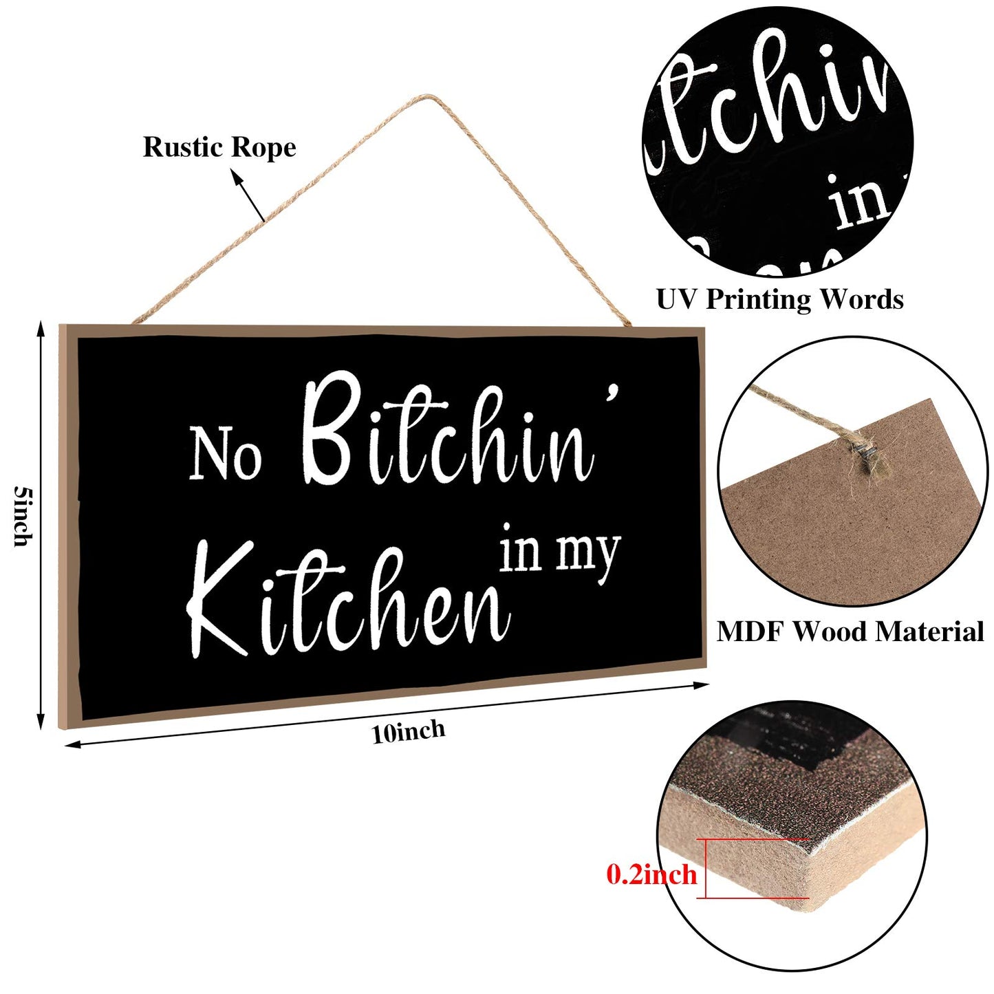 Jetec 2 Pieces Funny Kitchen Signs the Dishes Hanging Wall Art Decoration No Bitchin in My Kitchen Rustic Wooden Wall Signs Decorative Wood Home Decor, 10 x 5 Inch(Stylish)