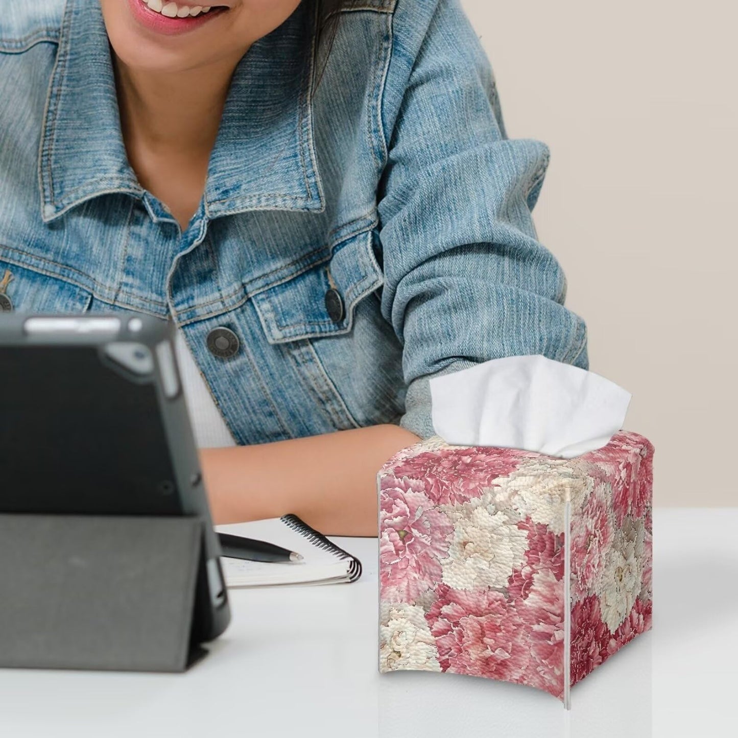 Baxinh Peony Print Tissue Box Cover - Home Decor Cube Tissue Box Holder - Pink, PU Leather with Bottom Belt