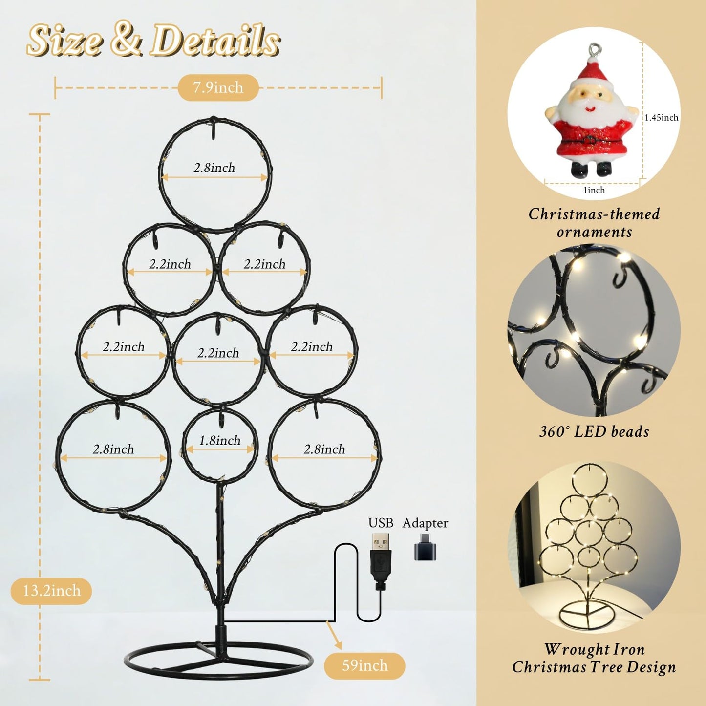 Tabletop Christmas Tree-Ornament Display Stand, 13.19-inch Metal Christmas Tree Wrought Iron with LED Lights, Suitable for Desktop Decoration, Home Decoration, Ornament Display Standparty Giftsi.