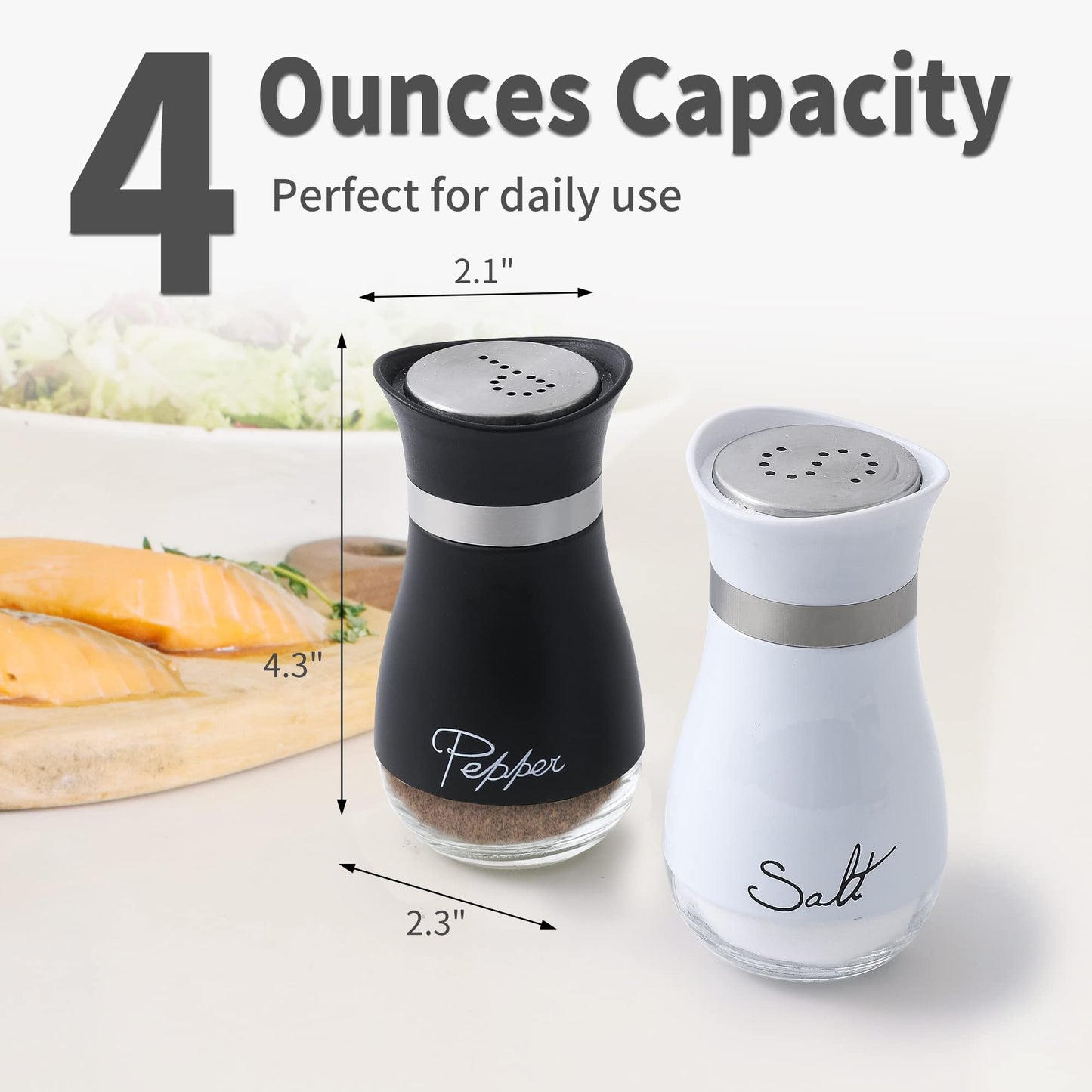 Lonffery Salt and Pepper Shakers Set - Salt Containers for Gifts, Kitchen Decor, Home, RV, Camp, BBQ, 4 oz Farmhouse Spice Dispenser with Glass Bottom, Black and White, Set of 2