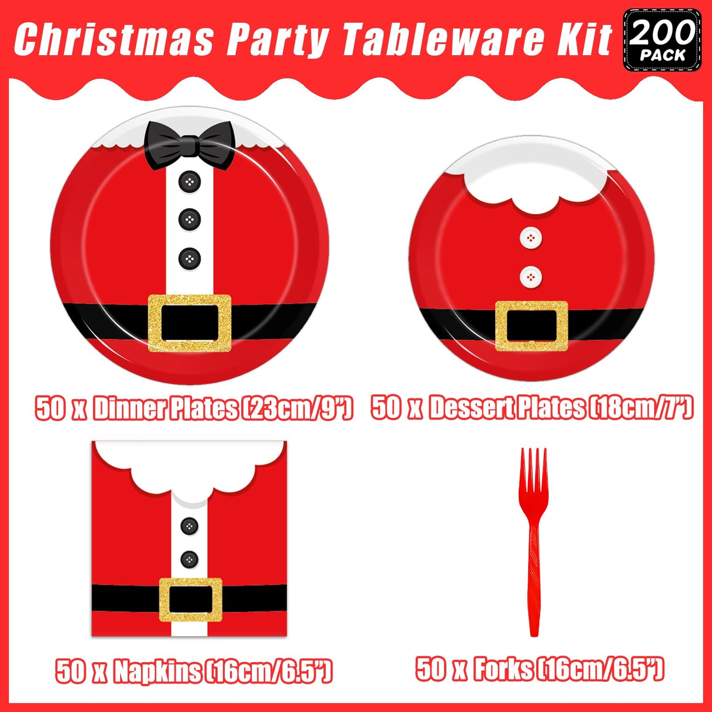 Kepeel 200Pcs Santa Claus Christmas Party Plates and Napkins Sets, Santa Claus Suit Party Supplies Decorations Winter Holiday Xmas Party Dinnerware for Kids Birthday Baby Shower Home Decor, Serves 50