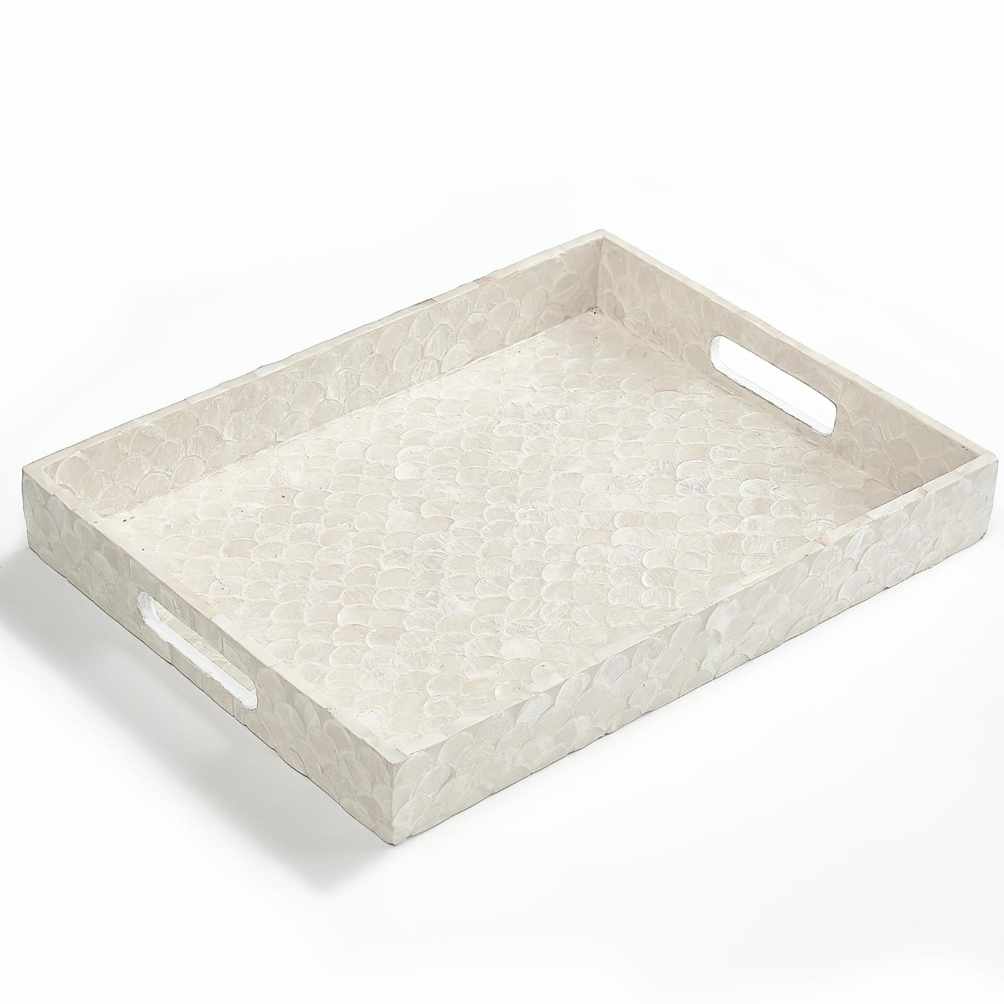 CHI AN HOME Capiz Decorative Tray 15.8” x 11.8” x 1.8" Rectangular Tray, Natural Handmade Serving Tray with Handles for Coffee Tables, Ottoman, Vanity, Kitchen, Coastal Boho Home Decor, White