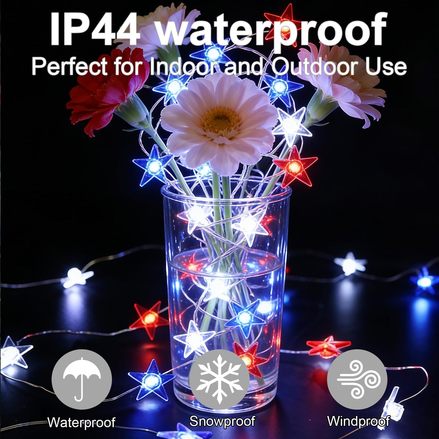 JUSTPRO 100 LED Patriotic Star Lights with Flexible Copper Wire, Plug-in Powered, 8 Lighting Modes for National Day Holiday Indoor Outdoor Decor