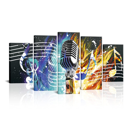Canvbay 5 Panel Music Canvas Wall Art Microphone Picture Print on Canvas Musical Note Painting Watercolor Artwork for Home Studio Living Room Guest Room Decor Contemporary Closeup Decoration Gift