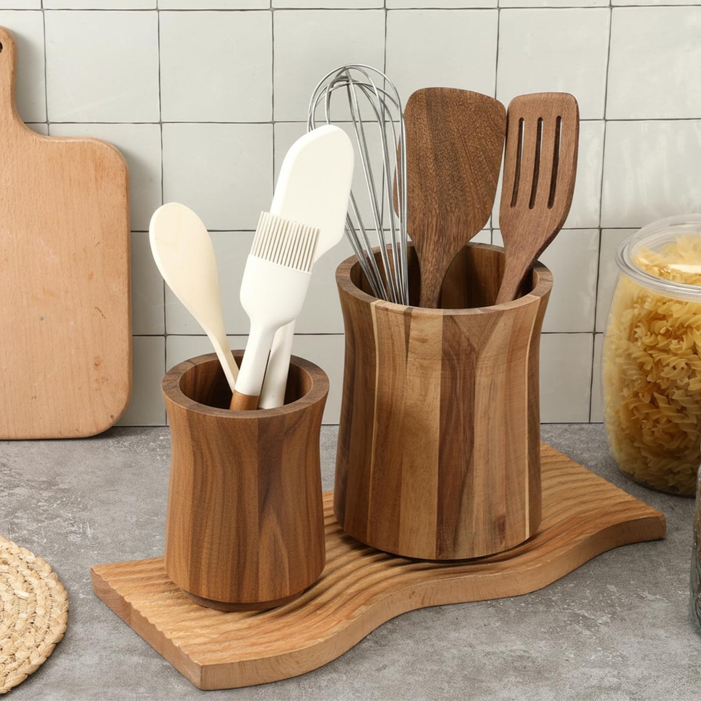 KongTiva 2 Pcs Wooden Utensil Holder for Kitchen Counter, 360° Rotating Kitchen Utensil Holder 7.3" & 6" Large Cooking Utensil Crocks for Countertop Spatula Storage Farmhouse Kitchen Decor