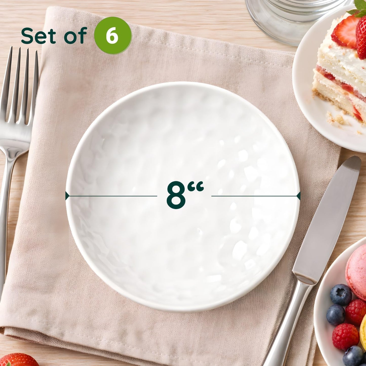 HOMBENE Dessert Pasta 8 Inches Set for 6, Sun-glitter Style, Salad Plates, Porcelain Round Shaped Dinner Plates for Kitchen, Porcelain Dinner, Microwave & Dishwasher Safe, White