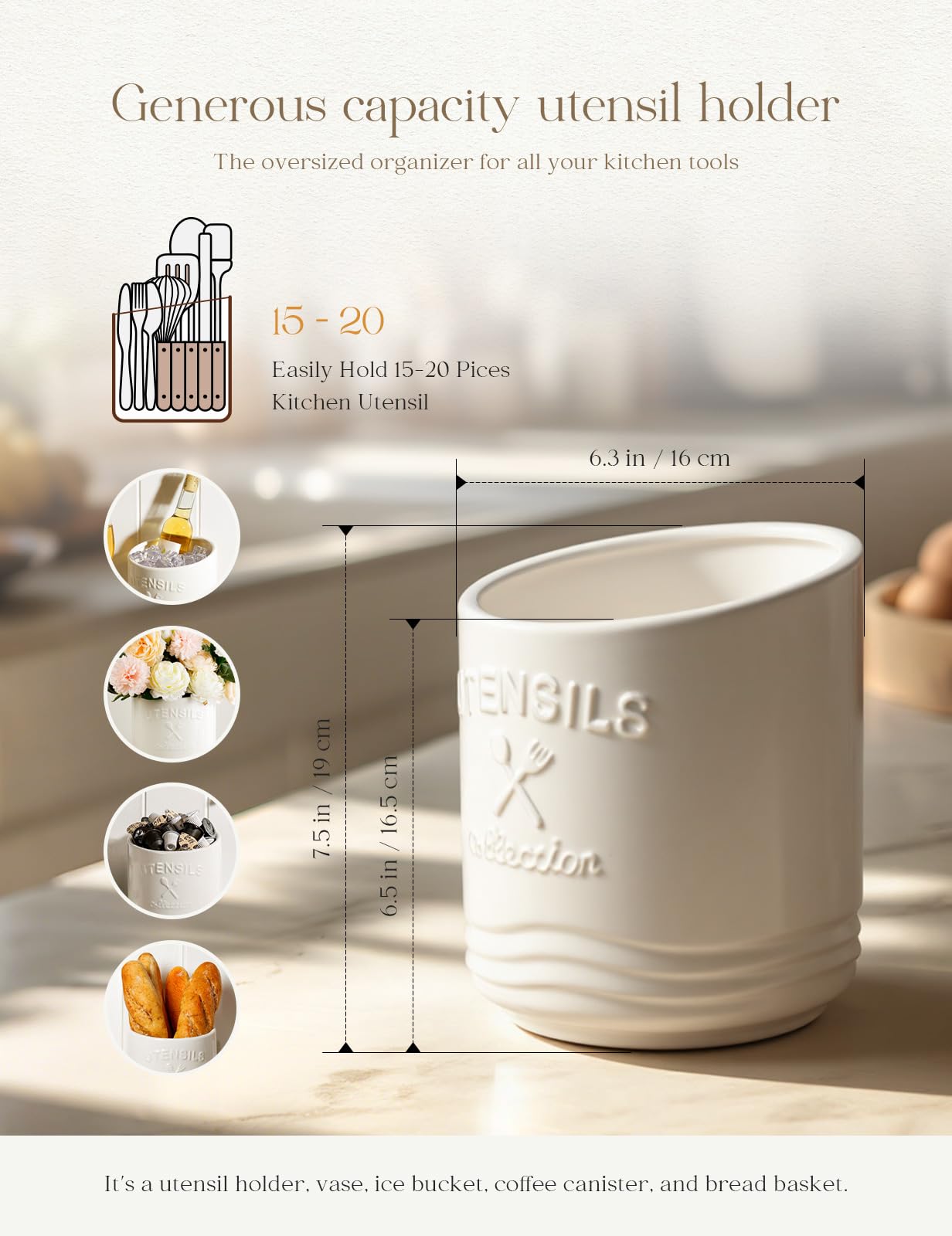 AISBUGUR Large Ceramic Utensil Holder: 7.5" H×6.3" W with Slanted Mouth - Utensil Crock with Non-Slip Cork Base for Kitchen Counter, Ideal for Decor & Gift,white utensil holder