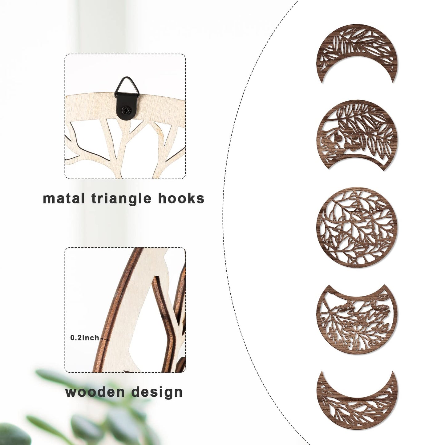 Jetec 5 Pcs Moon Phase Wall Art Decor Wall Pediments Hanging Wooden Phase Spiritual Bedroom Nordic Boho Lunar Aesthetic Art for Living Room Dorm Apartment Ornament(Brown,10.6 Inch,Botanical)