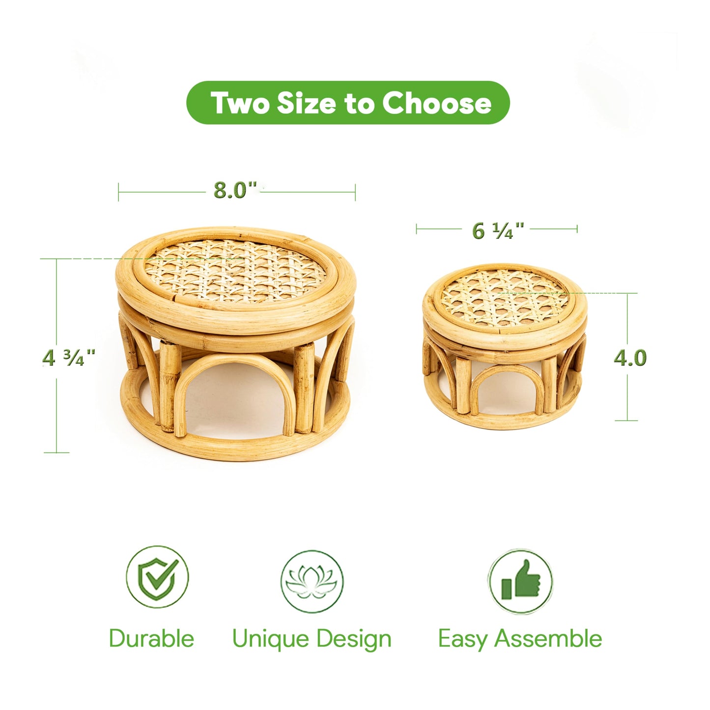 Set of 2 Small Boho Rattan Wicker Round Riser Plant Stand Indoor,Rustic Farmhouse Natural Wooden Circle Pedestal for Decor & Display, Tabletop, Office Decor