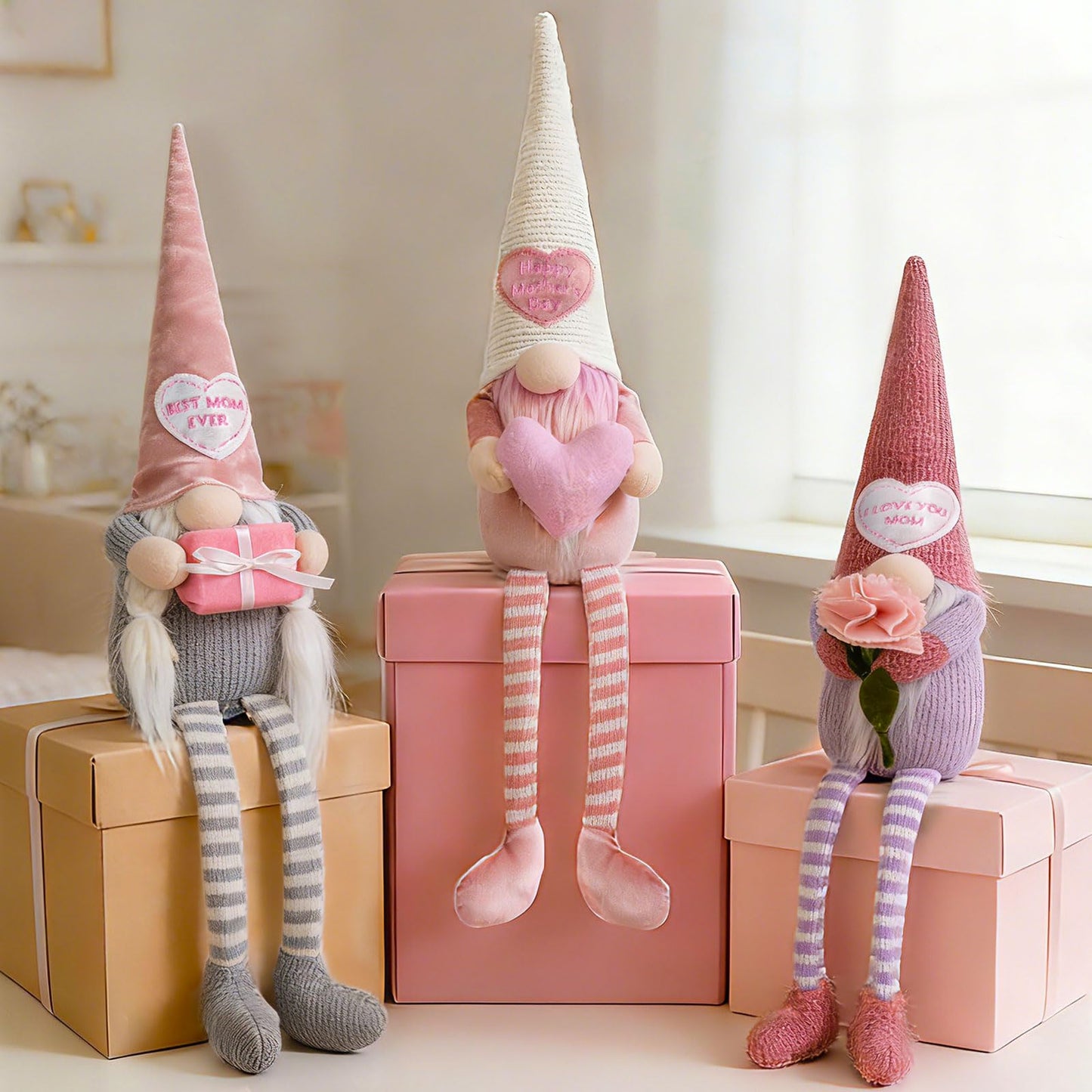 unanscre Mothers Day Gnomes Plush Decorations - 3PCS Long Dangle Leg Spring Gnomes Best Ever Gifts for Women Mom Mama Mommy, Handmade Dolls for Mother‘s Day Home Table Ornament, Tiered Tray Decor