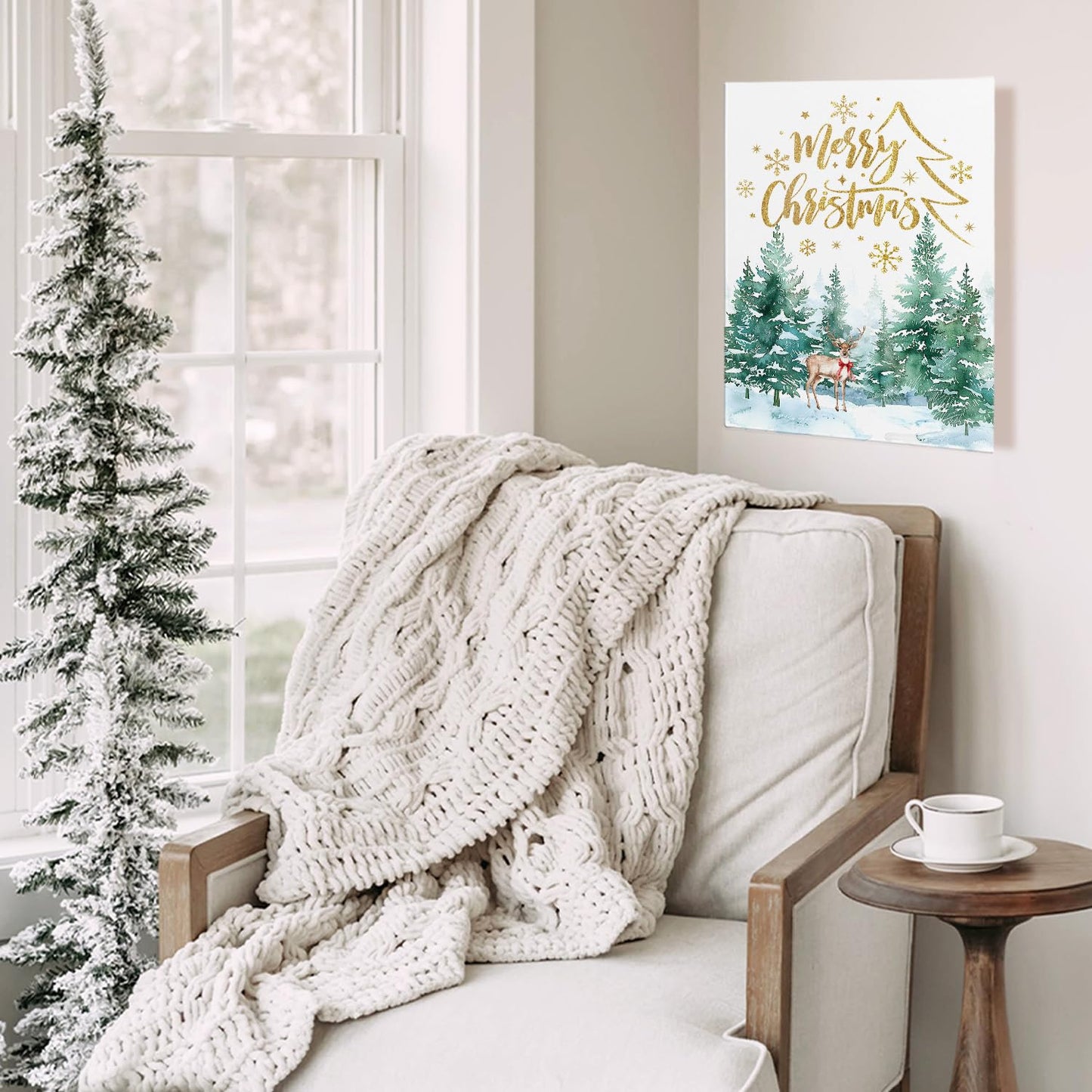 Christmas Wall Decor, Merry Christmas Woodland Reindeer Wall Art Poster, Christmas Tree Pictures Wall Decor for Living Room Bedroom, Christmas Wall Decorations, 11x14 Inch Framed