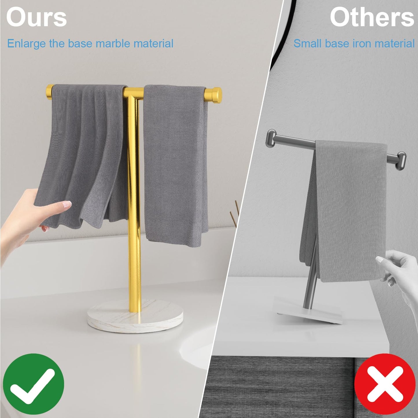 Blemoacha Hand Towel Holder, T-Shape Hand Towel Stand with Heavy Marble Base, Stainless Steel Towel Bar Rack for Bathroom Vanity, Kitchen Countertop, Gold