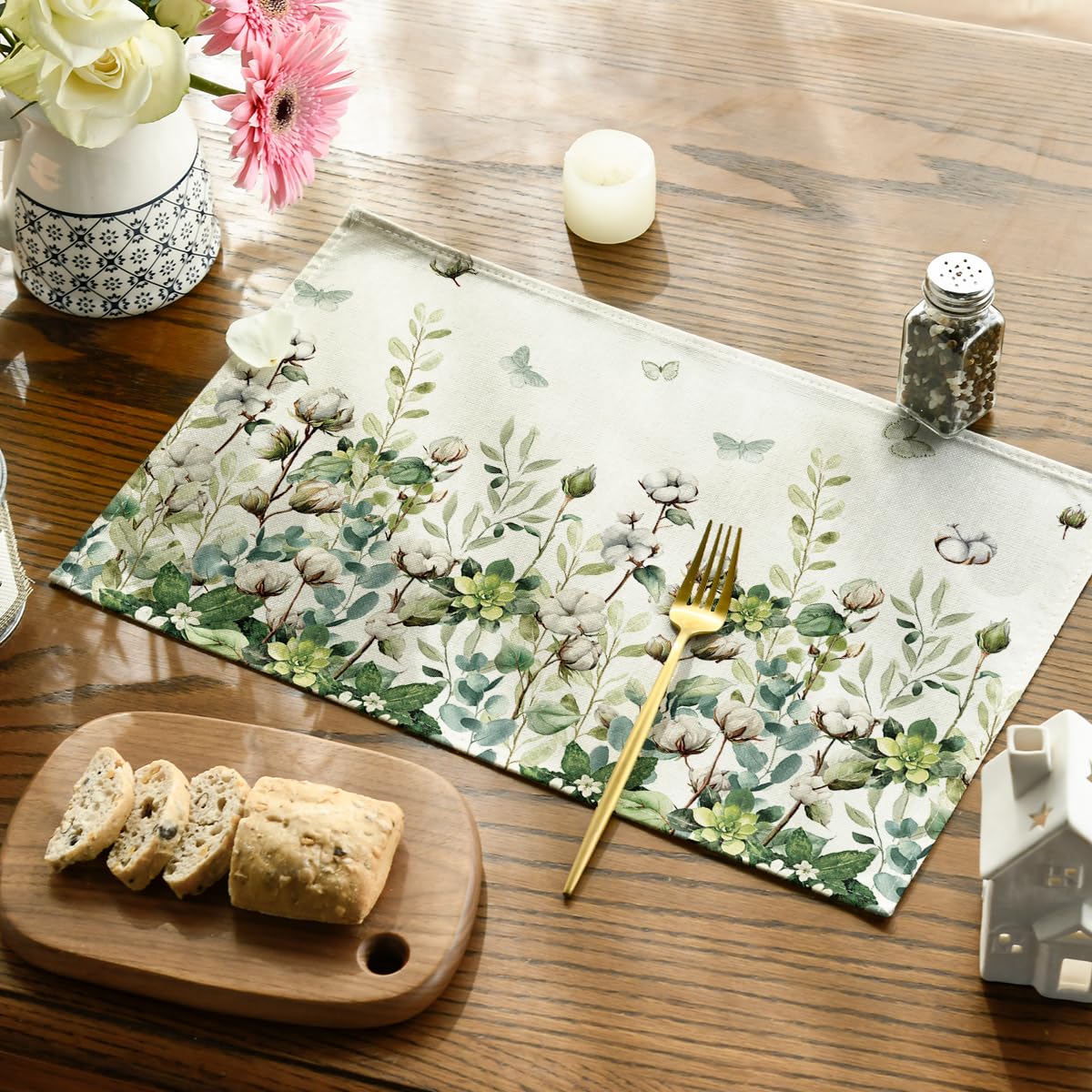 Artoid Mode Cotton Plant Leaf Butterfly Spring Placemats Set of 4, 12x18 Inch Seasonal Summer Holiday Table Mats for Party Kitchen Dining Decoration