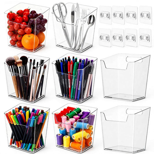 Hpmjz 8 Pack Clear Wall Mount Storage Bins Cabinet Door Organizer Stackable Storage Baskets Plastic Hanging Organizer Holders with Self-Adhesive Hooks for Kitchen Bathroom Office Makeup Remote