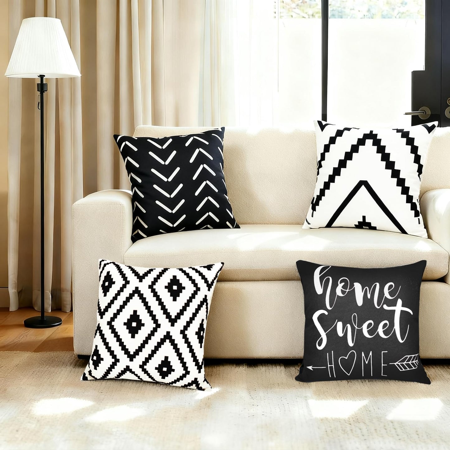 RYSMIYOU Decorative Throw Pillow Covers 18x18 inch Set of 4 Black White Pillow Covers for Couch Sofa Bed Living Room,Farmhouse Outdoor Throw Pillow Cover,Geometric Linen Square Throw Pillow Cases