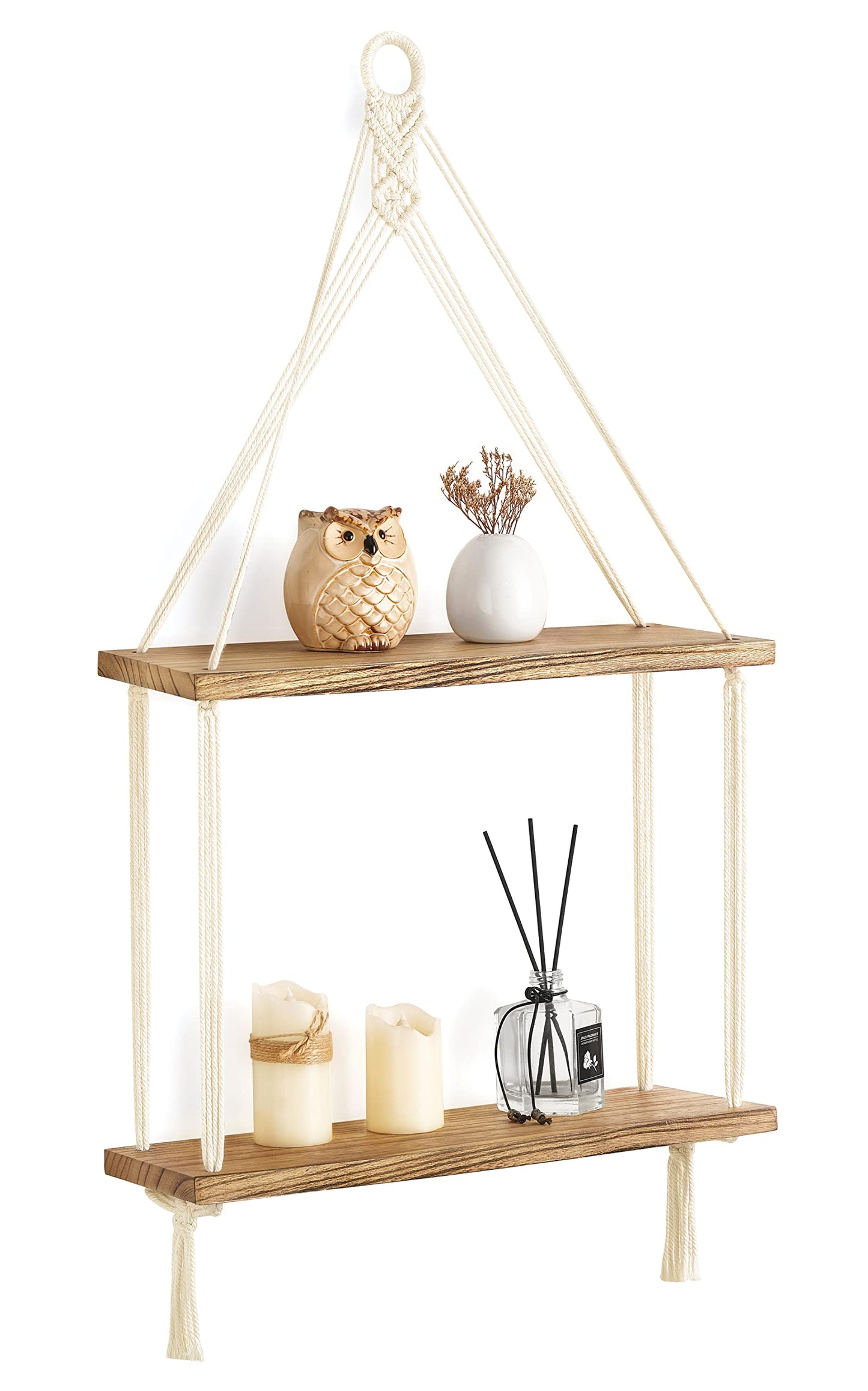 Mkono Macrame Hanging Shelf Boho Wall Decor 2 Tier Handmade Cotton Rope Rustic Wood Floating Shelves Display Photos Plants Hanging Storage Shelving for Living Room Nursery Bathroom Bedroom