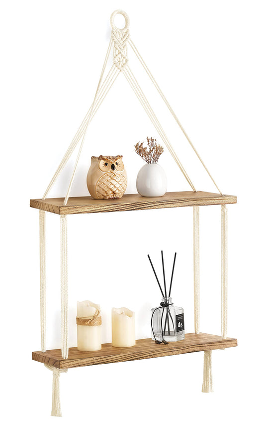 Mkono Macrame Hanging Shelf Boho Wall Decor 2 Tier Handmade Cotton Rope Rustic Wood Floating Shelves Display Photos Plants Hanging Storage Shelving for Living Room Nursery Bathroom Bedroom