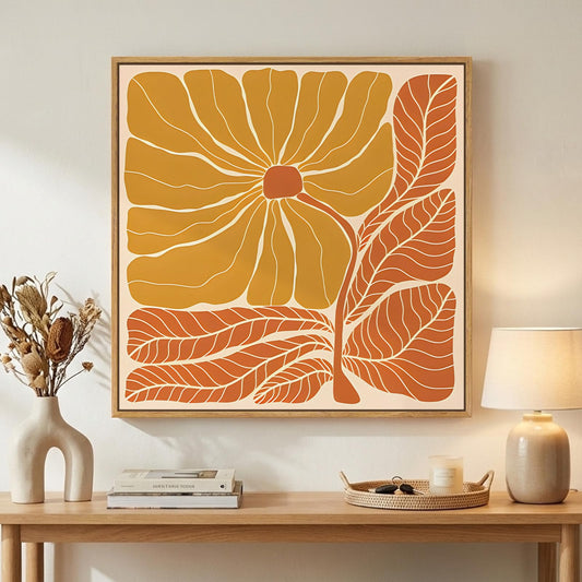 Framed Boho Abstract Floral Wall Art for Living Room, Square Orange Flower Canvas Artwork for Walls, Mid Century Modern Bohemian Pictures Wall Decor for Bedroom Dining Room Hallway Office, 24x24 Inch
