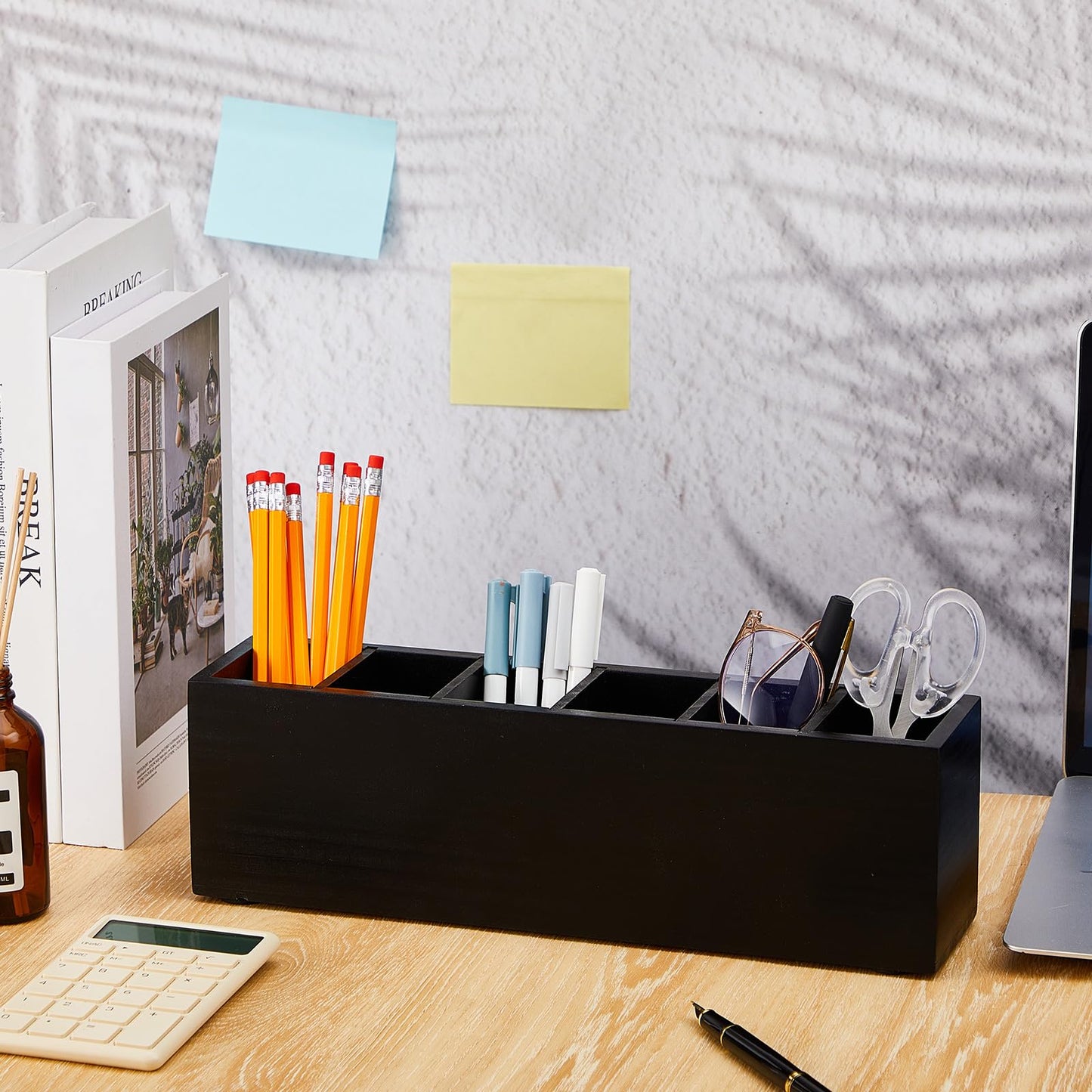 Jetec Wooden Pencil Pen Holder for Desk 6 Compartments Wood Office Desk Organizers for Countertop Adjustable Makeup Brush Organizer Silverware Caddy for Party, Home, Art Supplies(Black)