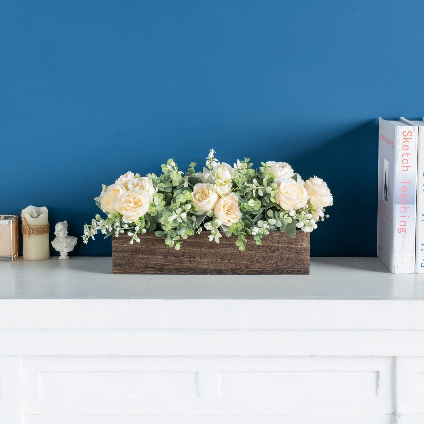 Dahey Centerpiece Table Decorations for Dining Room Farmhouse Table Centerpieces Decor Wood Tray with 3 Artificial Flowers and 2 Eucalyptus for Living Room Kitchen Table, 14.1" x 4.7" x 3.1"