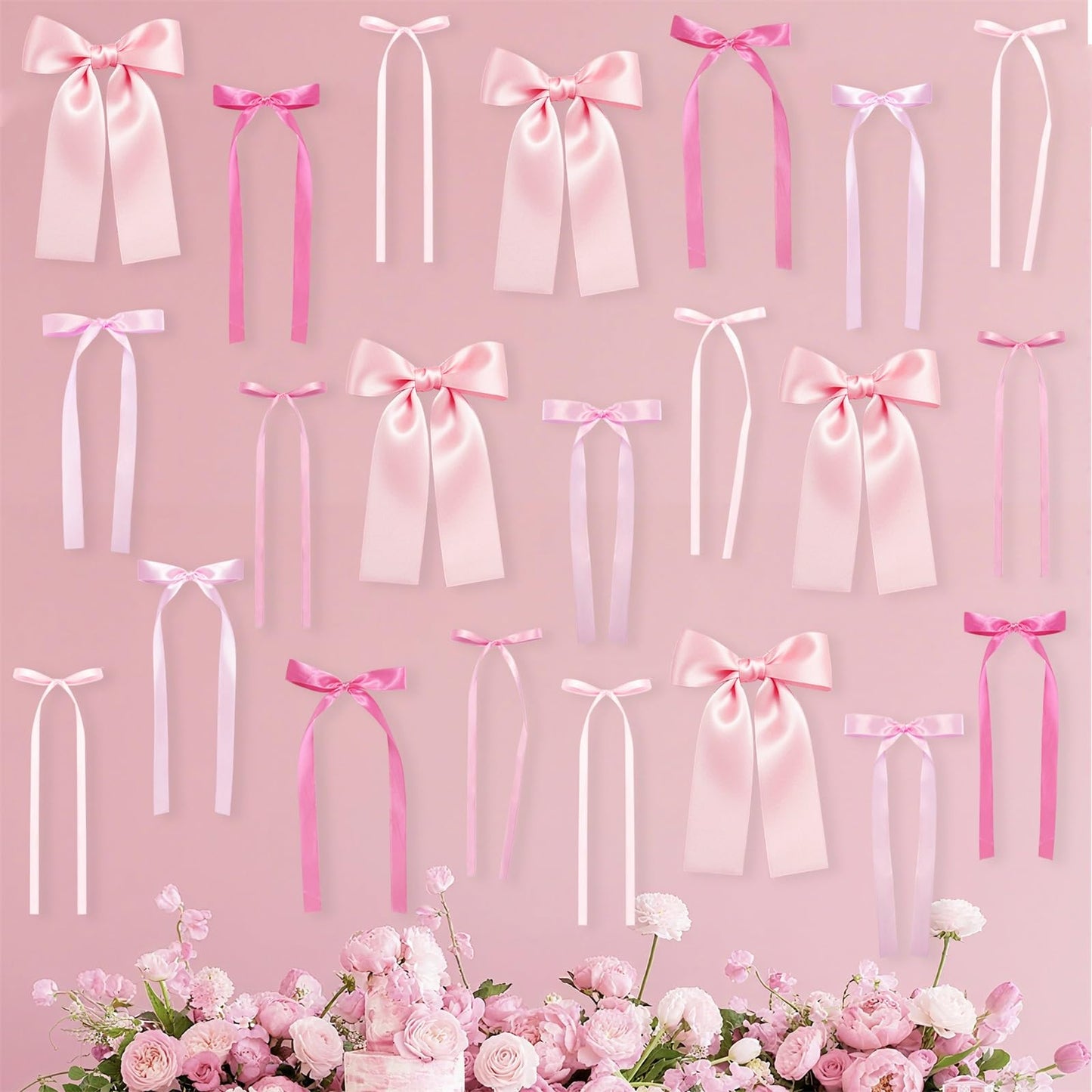 Pink Bow Wall Décor Backdrop Ribbon Bow Garland DIY Pink Bows Party Decorations for Baby Shower Women Girls Coquette Birthday Christmas Room Bedroom Decoration 50Pcs