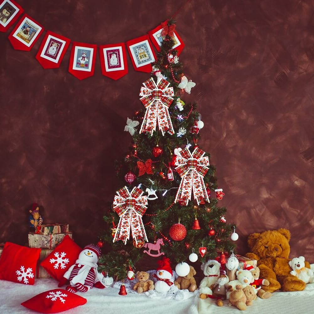 On-Airstore 2 Rolls Christmas Fabric Ribbons 5 Yards Calf Star Plaids Fluffy Ribbons Xmas Burlap Linen Decor Ribbon for New Year Party Gift Wrapping Indoor Outdoor Craft Hanging Decoration Supplies