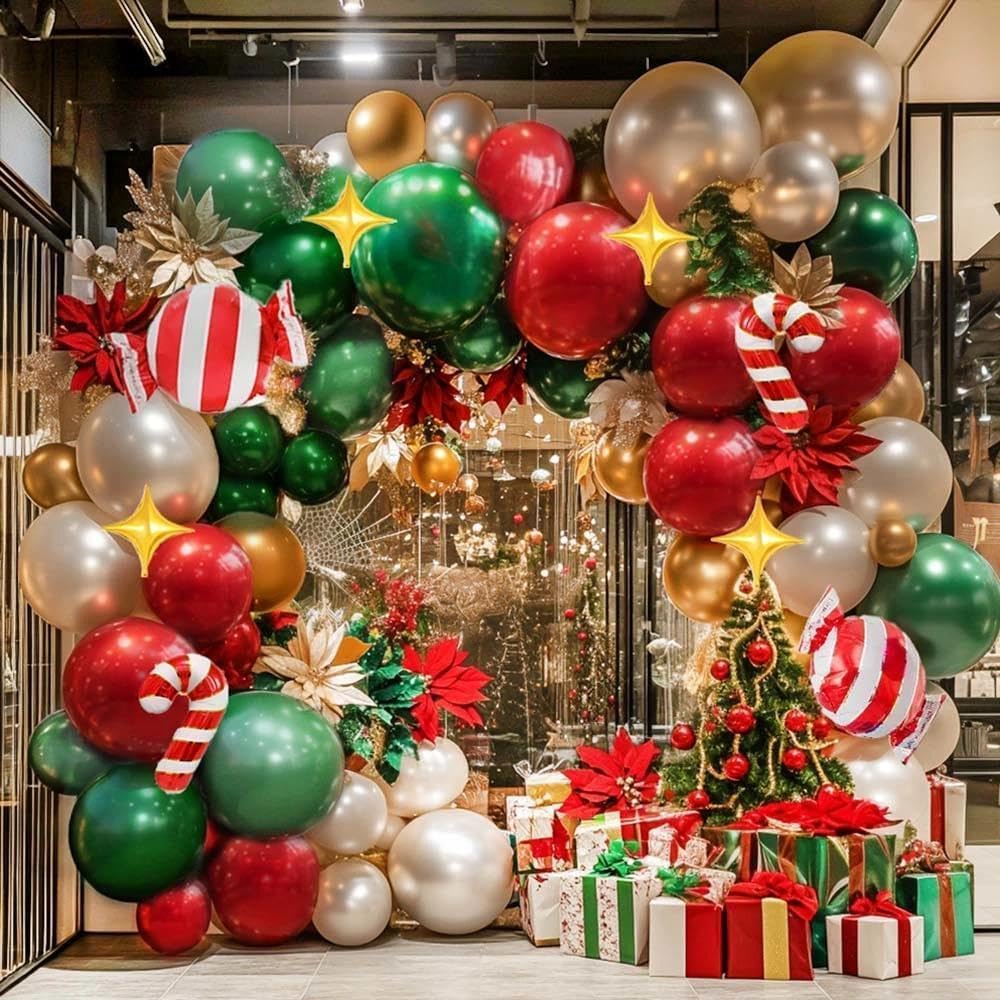 Christmas Red and Green Balloon Garland Arch Kit Pearl White Gold Foil Candy Cane Balloons With Gold 4-Point Star Balloons For Christmas Party Decorations