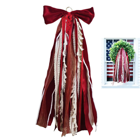 Red and Creamy White Ribbon Bundle with Bow, Clip-On Wreath Sash Ribbons Tree Topper Bow for Christmas Valentine's Day Patriotic Decorations - Indoor & Outdoor Use