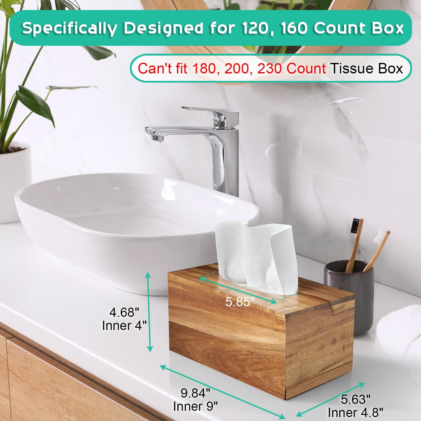 ALELION Rectangular Tissue Box Cover for 120, 160 Count Box - Acacia Wood Rectangle Tissue Box Holder - Decorative Facial Cube Tissue Box Cover for Tabletop Night Stands Bathroom Office