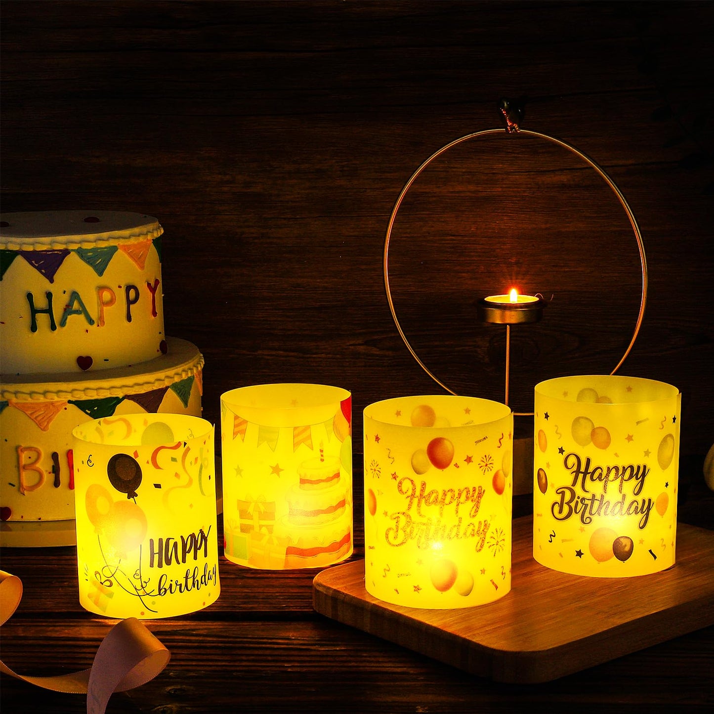 Happy Birthday Table Centerpiece Decorations, 8 Sets Birthday Centerpieces Lantern Boxes & LED Tea Lights, Flameless Votive Candle Holders for Birthday Party, Candle Shade Cover Sleeve for Home Office