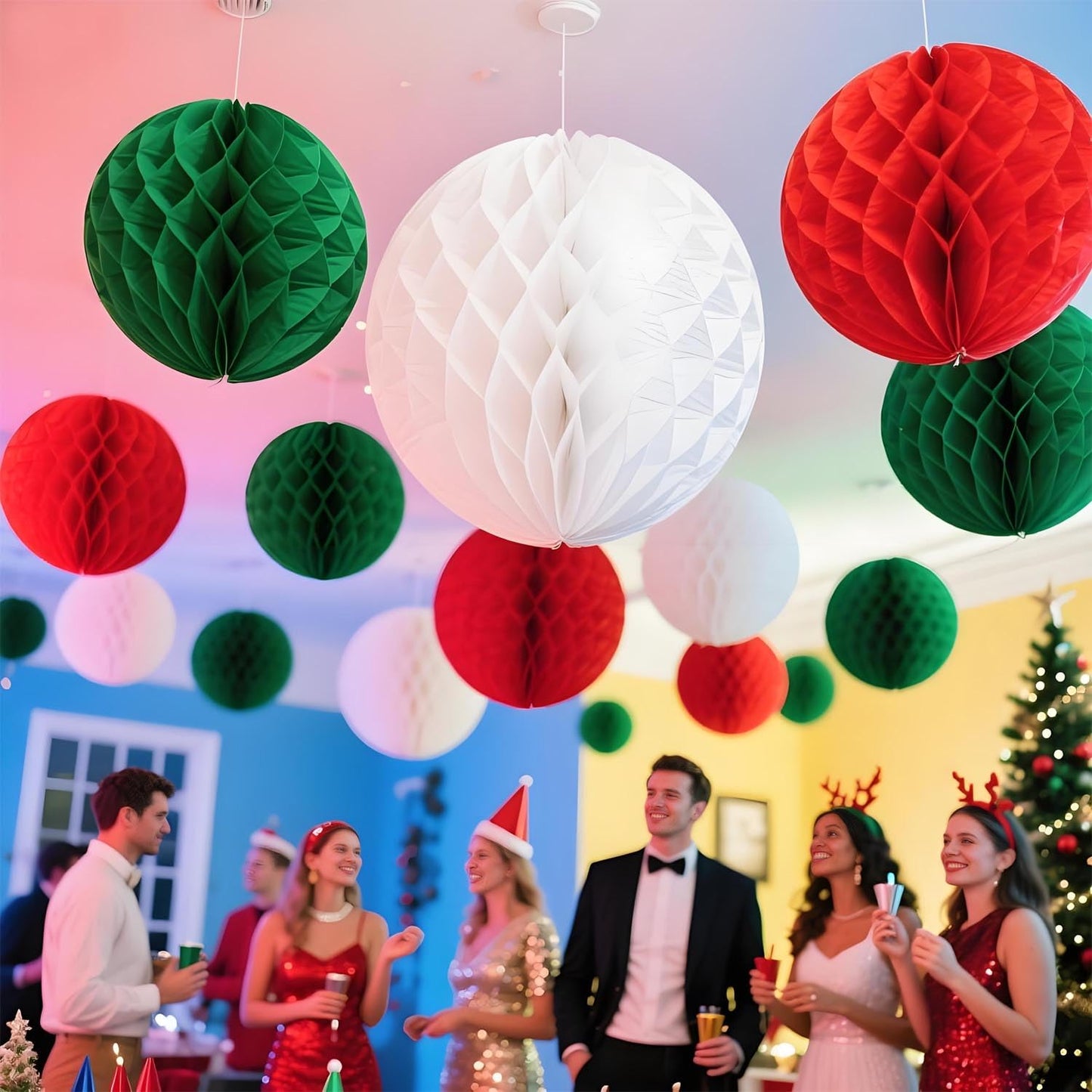 brzikwt 12 Pcs Red White and Green Paper Honeycomb Flower Balls for Christmas Party Ceiling Wall Hanging Tissue Pom Poms Decor (6 inch & 10 inch)