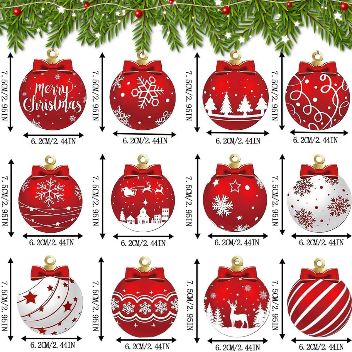 Christmas Tree Decorations Set, 12Pcs Wood Red & White Xmas Ball Hanging Ornaments with Merry Christmas, Bow, Snowflake, Elk and Star Design Winter Ornaments for Home Holiday Party Decor