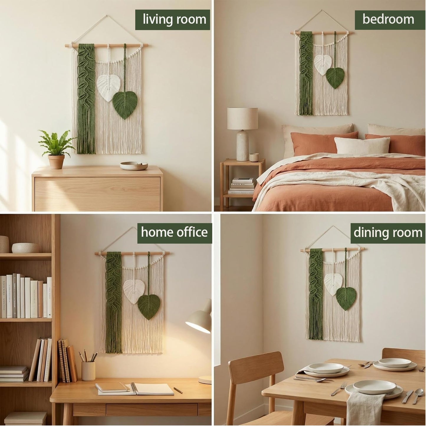 SunsprieJoy Macrame Wall Hanging, Boho Wall Decor Handmade Yarn Woven Leaf Tapestry, Modern Wall Art for Bedroom Nursery Kitchen Dining Room Bathroom, Home Decoration Gift for Women – Green