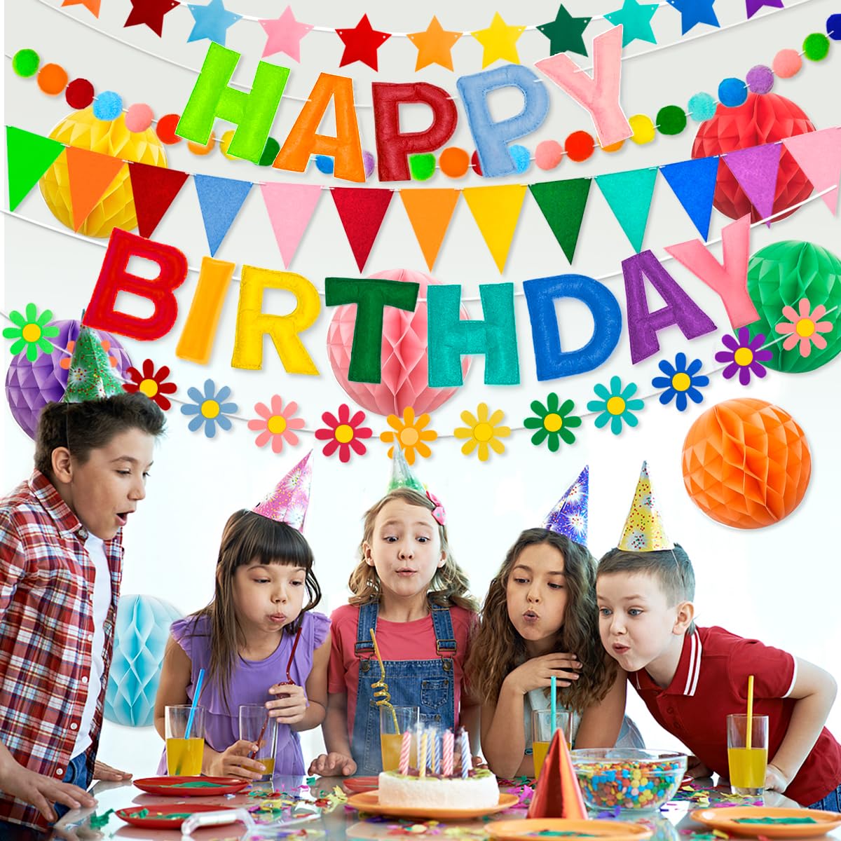 Pre-Strung 3D Happy Birthday Banner, 6 PCS Felt Reusable Birthday Decorations Set with Letter Banner, Pom Pom, Star, Sunflower Garland, Triangle Flag and Honeycomb Balls, Rainbow Decor Sign Photo Prop