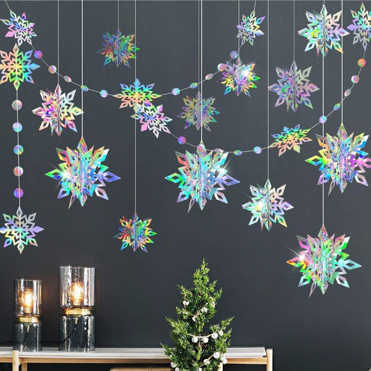Cheerland Winter Wonderland Decorations Iridescent Snowflakes Garland Holographic 3D Snowflake Streamers for Winter Onederland Birthday Party Decoration Backdrop Office Janurary Party Indoor Supplies