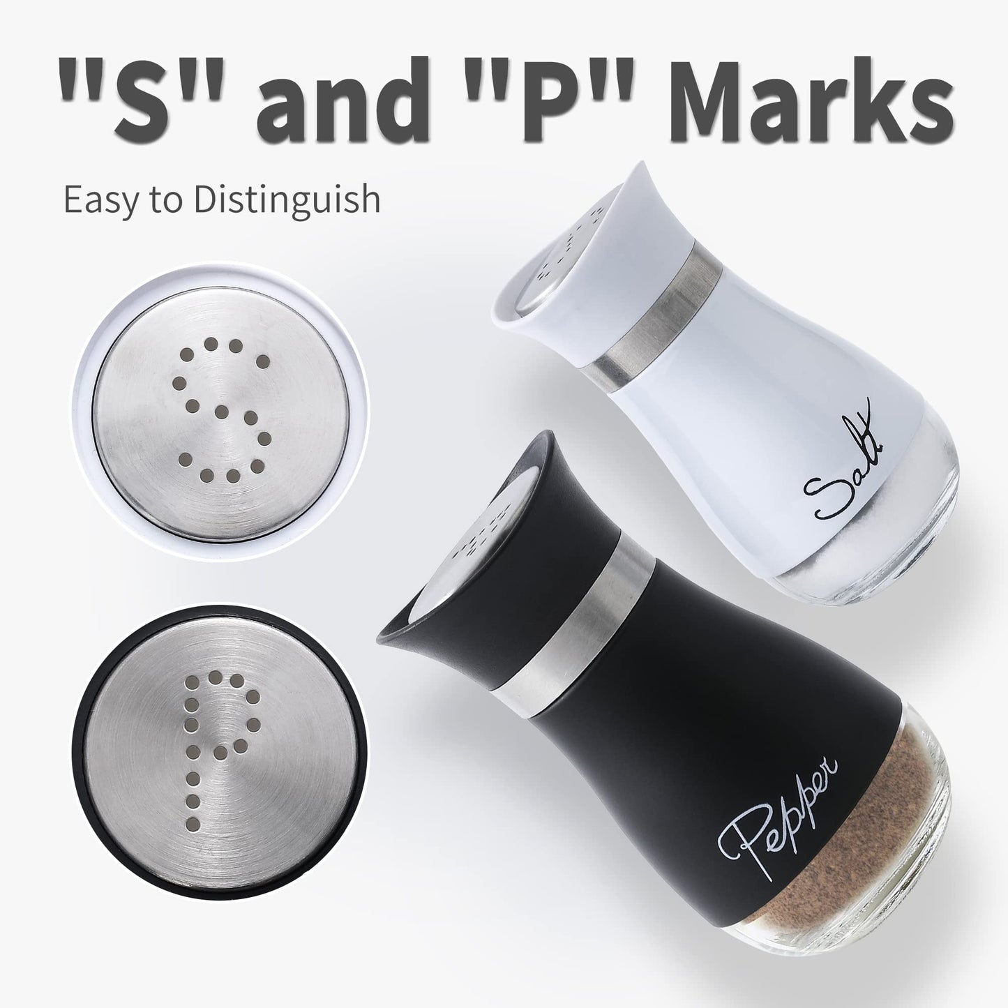 Lonffery Salt and Pepper Shakers Set - Salt Containers for Gifts, Kitchen Decor, Home, RV, Camp, BBQ, 4 oz Farmhouse Spice Dispenser with Glass Bottom, Black and White, Set of 2