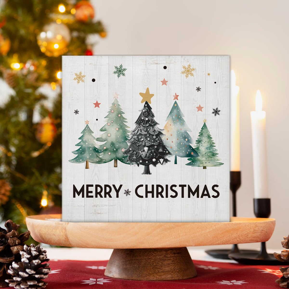 Merry Christmas Decorations - Christmas Tree Decor, Rustic Vacation Wooden Sign, Home Office Decor for Desk Table Shelf 5 X 5 Inches