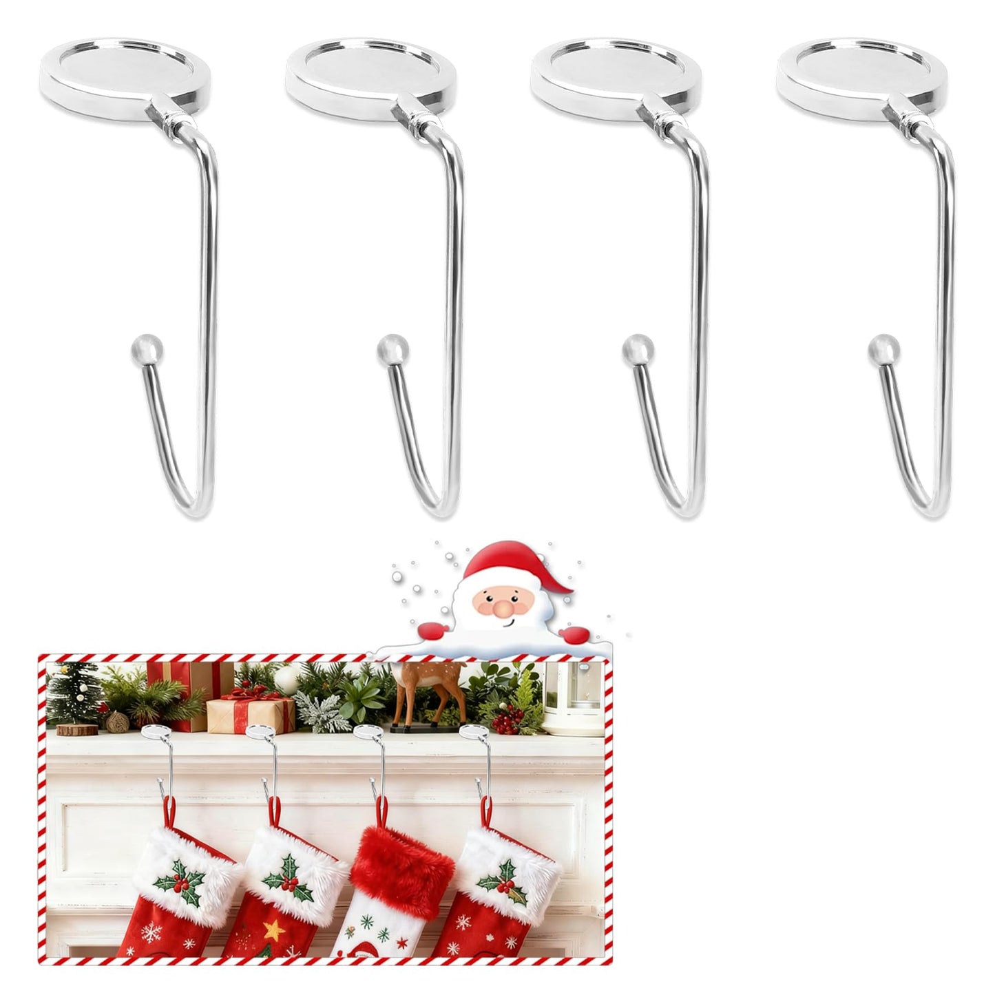 fiocloina Christmas Stocking Holders for Mantle Set of 4, Non-Slip Mantel Stocking Hangers Hooks Christmas Silver Stocking Hangers for Fireplace Xmas Party Decoration (Silver)