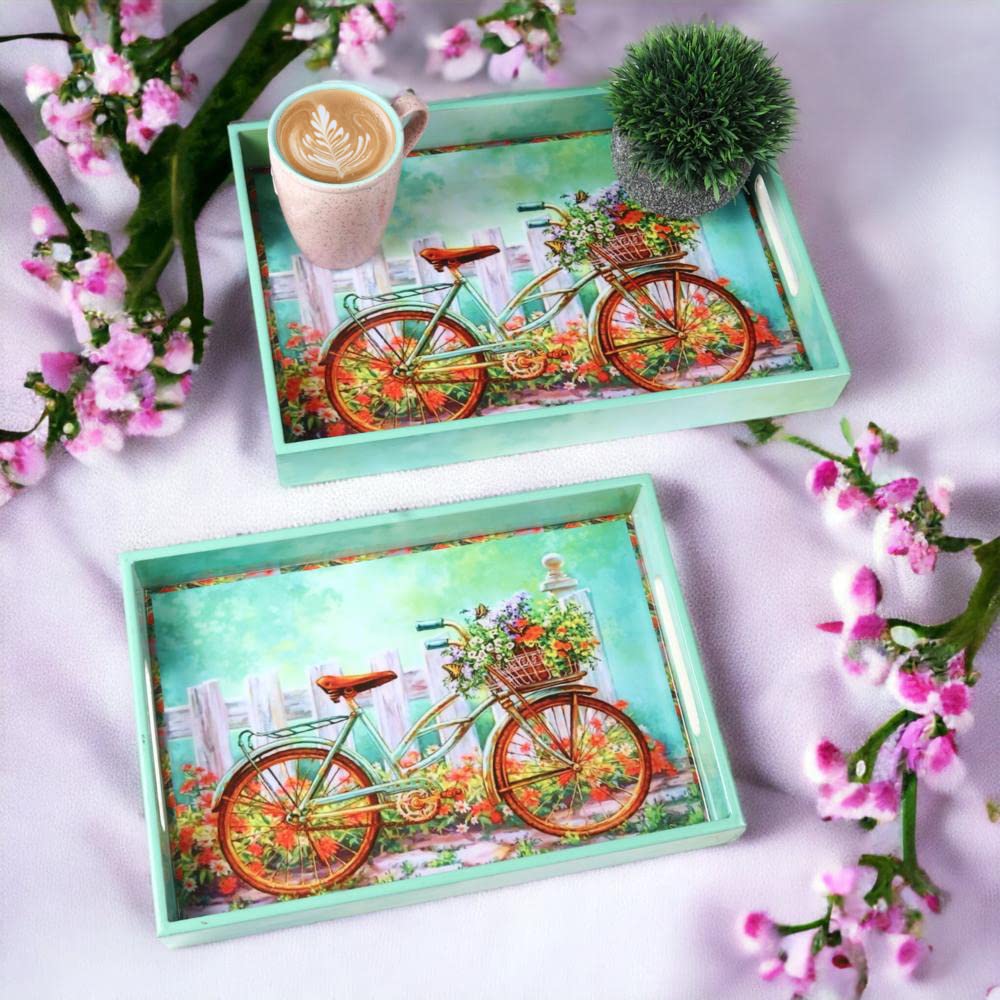 Crocon Wooden Serving Tray with Handles – Set of 2 Rectangular Trays – Cycle Print Decorative Trays for Coffee Table, Kitchen, and Home Décor