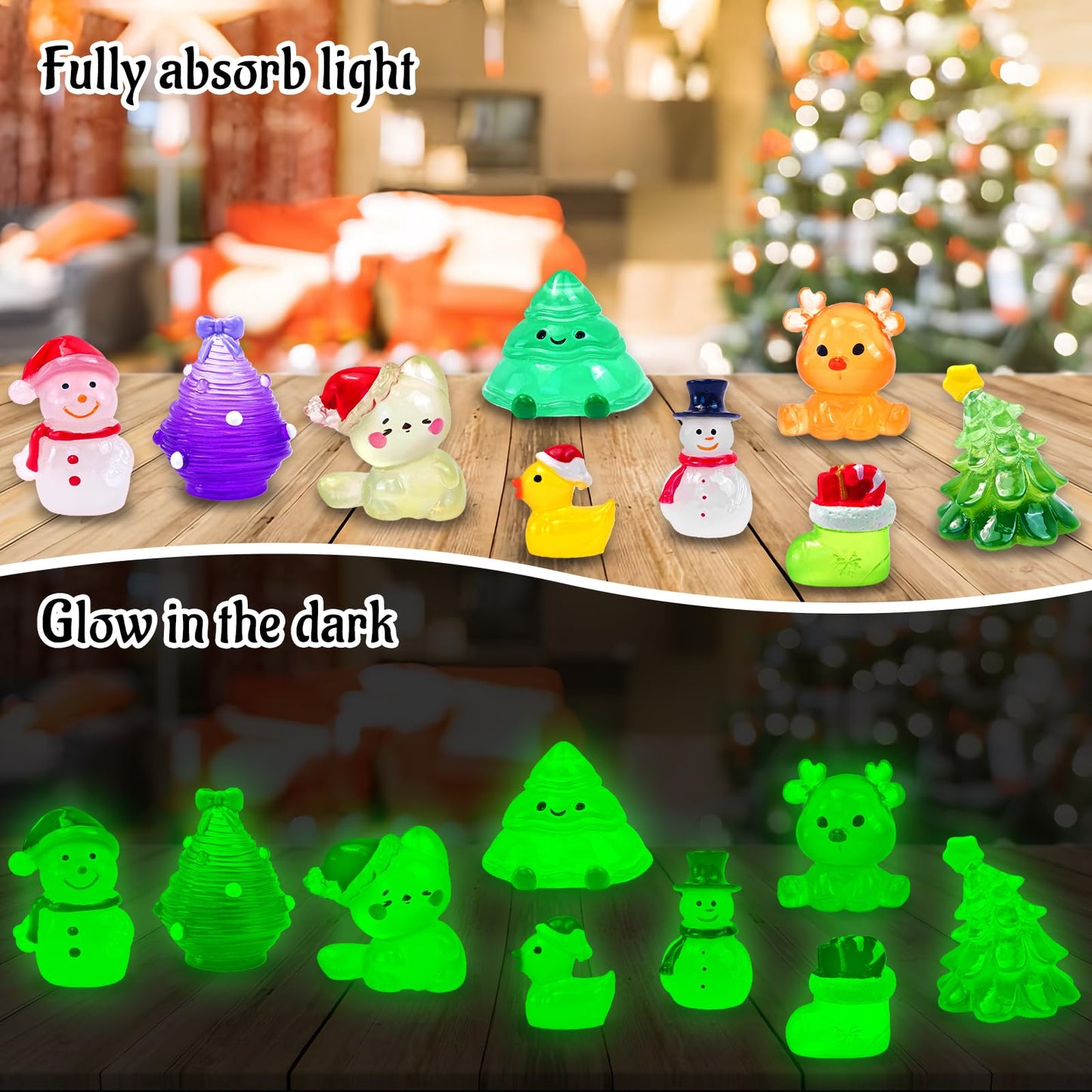Feivando 52 Pcs Luminous Mini Christmas Figurines Glow in The Dark Tiny Little Resin Snowman Miniature Figures for Xmas Holiday Crafts Garden Micro Landscape Party Home Table Decor