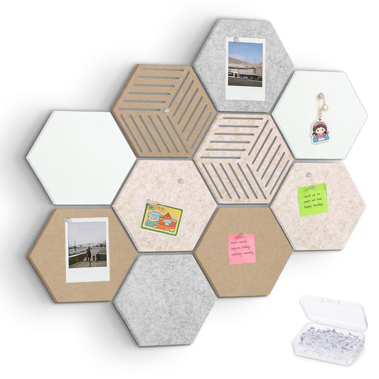 Thboxes 10 Pack Hexagon Cork Board, 12" x 10" Self-Adhesive Felt Bulletin Board Tiles with 40 Pushpins, Pin Boards for Wall Decor Home Office School DIY Display Boards for Photos (Camel Color Theme)