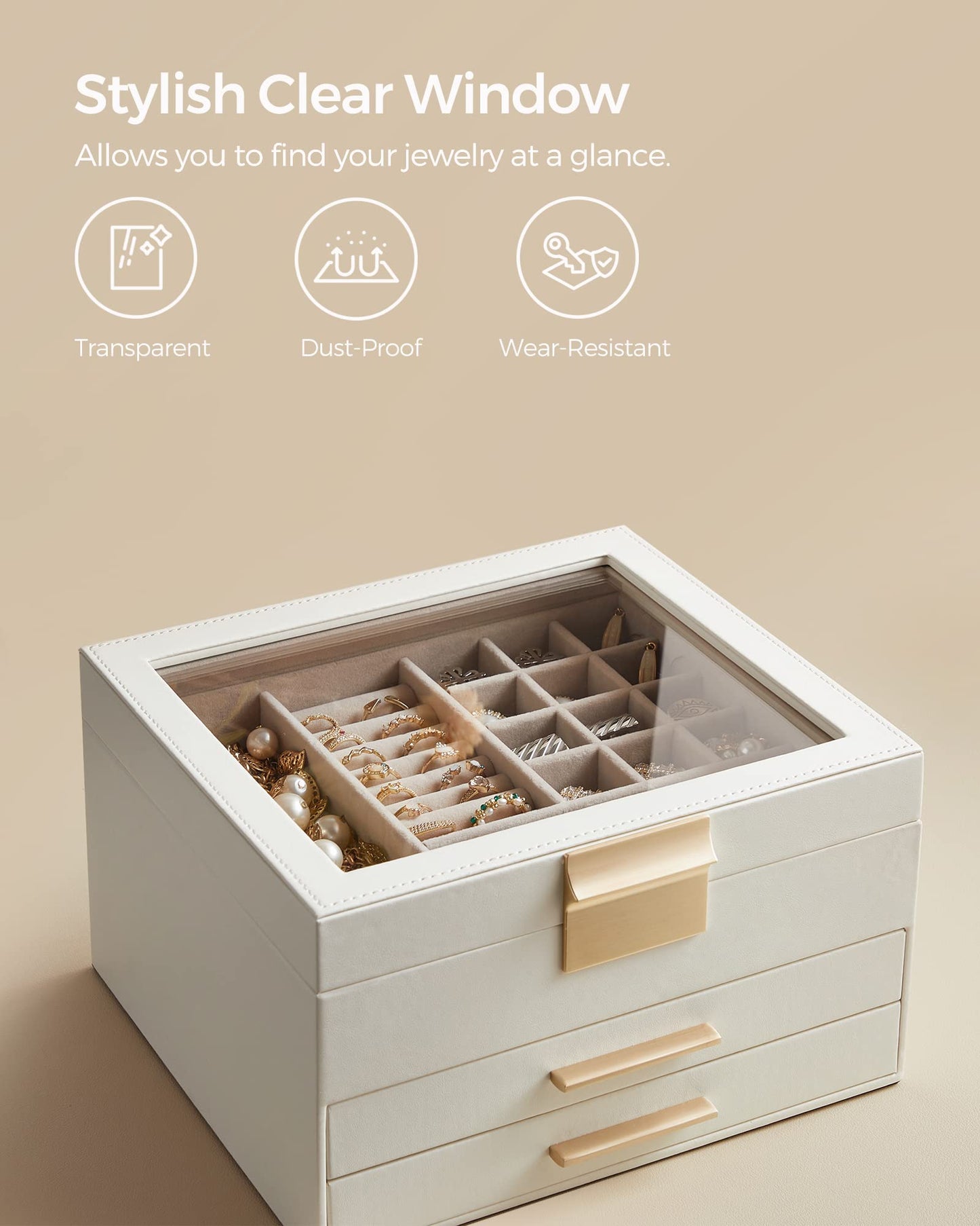 SONGMICS GISELLA Collection - Jewelry Box Organizer, 3-Layer Jewelry Storage with 2 Drawers, Shiny Metal Hardware, Glass Lid, Modern, 8 x 9.1 x 5.3 Inches, Cloud White and Gold Color UJBC239WT