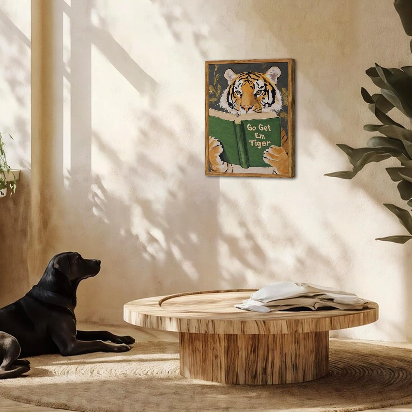Framed Funny Tiger Wall Art, Motivational Animal Reading Wall Decor Paintings, Eclectic Go Get Em Tiger Canvas Prints Pictures Home Decor for Living Room Bedroom Dorm Office 12x16 inch