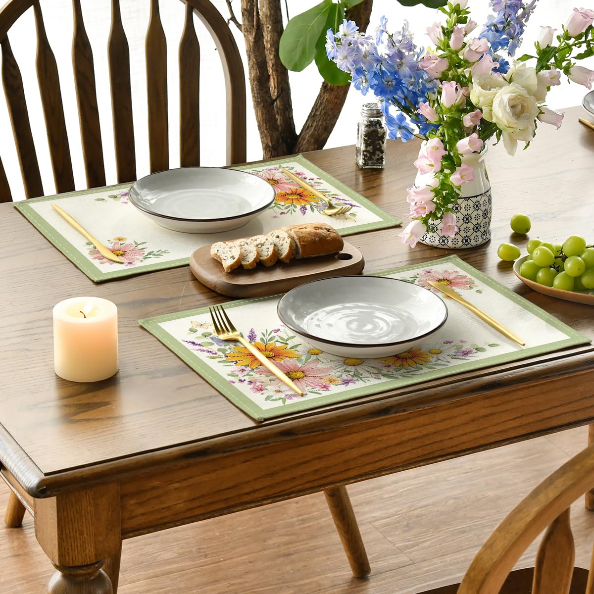 Artoid Mode Green Sunflowers Butterfly Spring Placemats Set of 4, 12x18 Inch Seasonal Summer Holiday Table Mats for Party Kitchen Dining Decoration
