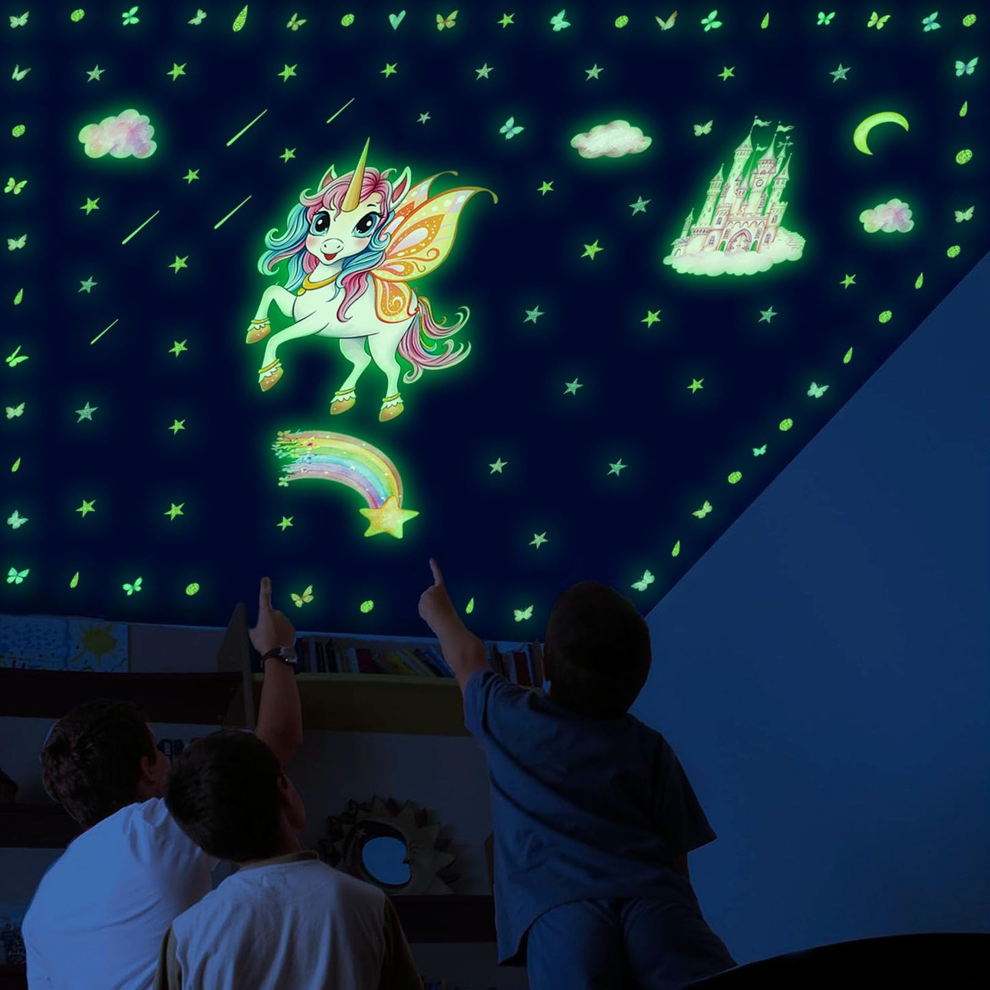 Glowing Unicorn Wall Stickers Unicorn Castle Wall Stickers with Rainbow, Butterflies, Clouds, Moon, and Stars Removable Wall Decorations Suitable for Bedroom, Classroom, and Playroom Wall Decor