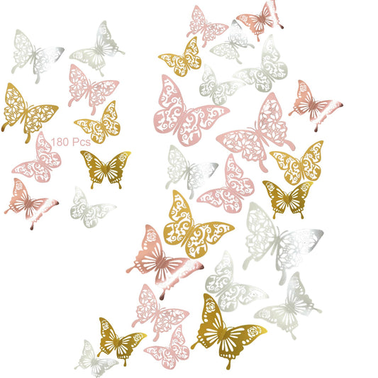Lefiocky 180 Pcs 3D Butterfly Wall Decor 3 Style Gold Silver Rose Gold Butterflies Sticker Decorations 3 Sizes Removable Wall Decals for Cake Decorating Wedding Birthday Party DIY Cosplay
