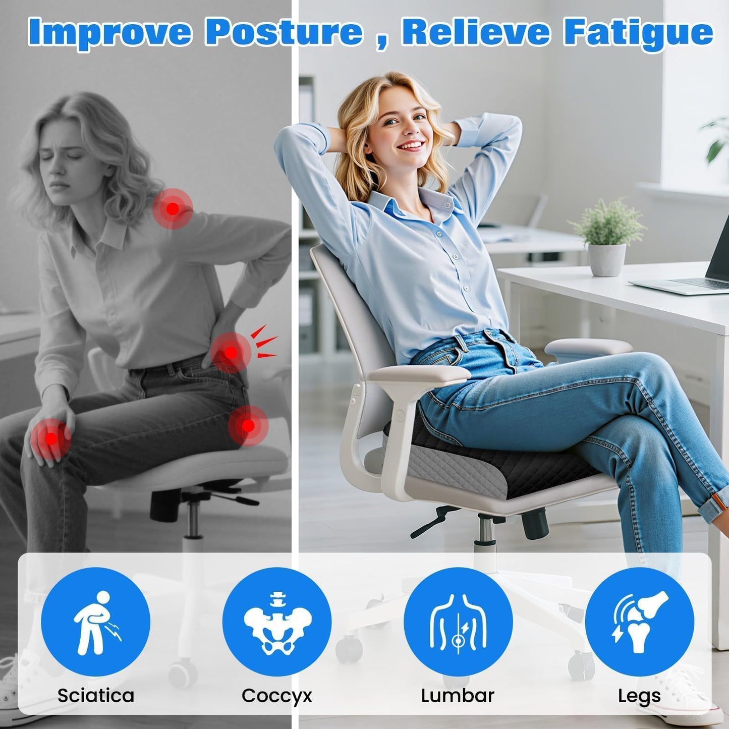 EdenDwell Seat Cushion for Office Chair, Memory Foam Chair Cushions, Car Seat Cushion for Long Sitting, Desk Chair Cushion for Pressure Relief, Non-Slip Bottom, Washable Cover, Large, Black